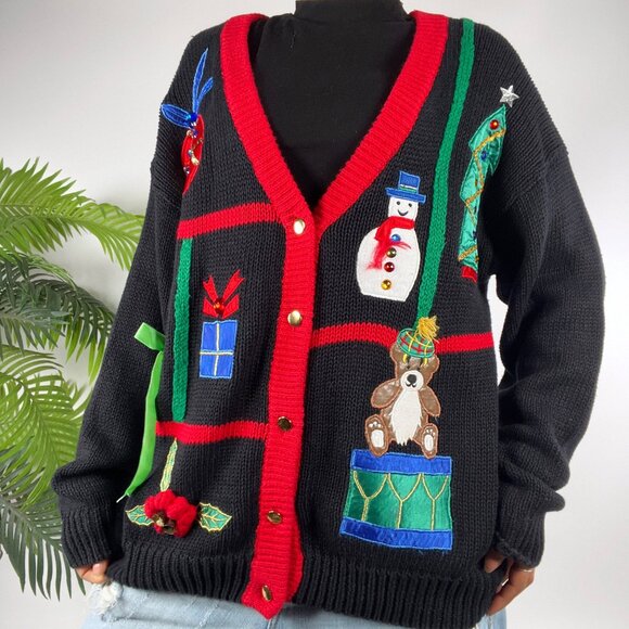 Vintage 90s Black Holiday Grandmacore Ugly Christmas Sweater Knit Cardigan / L - Picture 3 of 8